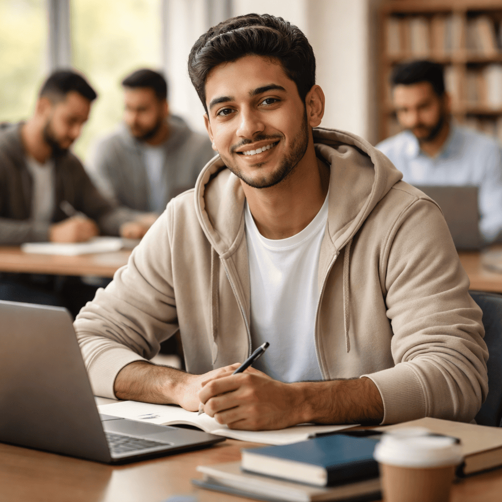  A confident student studying business administration in a modern, calm university setting 